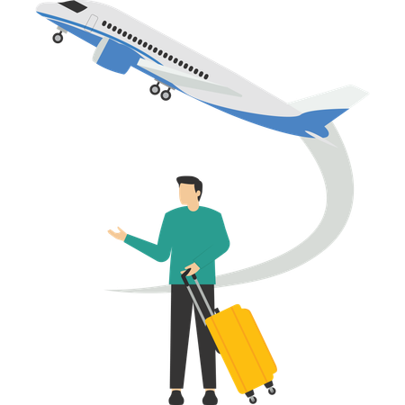 Young businessman carrying a suitcase rushes to the plane that is about to depart  Illustration