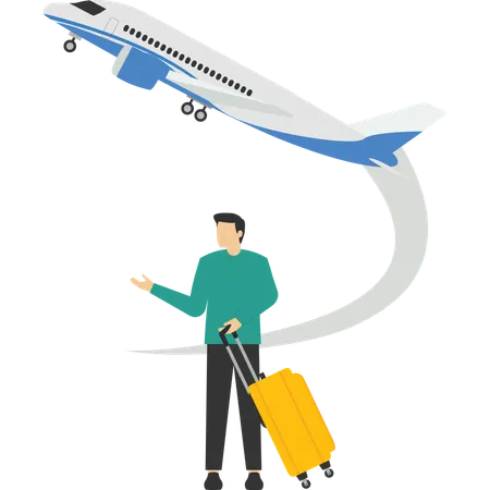 Young businessman carrying a suitcase rushes to the plane that is about to depart  Illustration