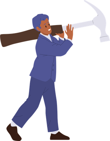 Young businessman carrying giant hammer  Illustration
