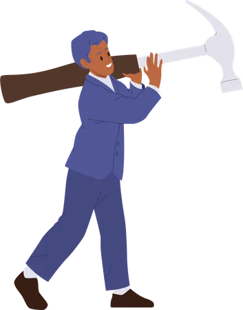 Young businessman carrying giant hammer  Illustration
