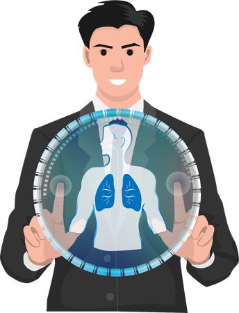 Young businessman checking condition of his lungs Using virtual artificial intelligence technology  Illustration