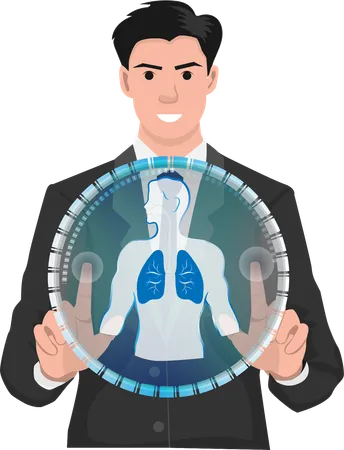 Young businessman checking condition of his lungs Using virtual artificial intelligence technology  Illustration