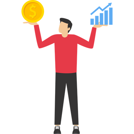 Young businessman comparing value and growth stock in his hand  Illustration