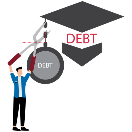 Young businessman cut chain to relief from student loan debt burden metal ball  Illustration