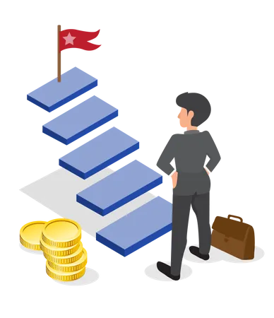 A Businessman Decides To Walk Up The Stairs On The Path To Success Step By Step Business Information Graphics Ideas The Flag Is The Goal For Success Flat Style Cartoon Vector Illustration Illustration