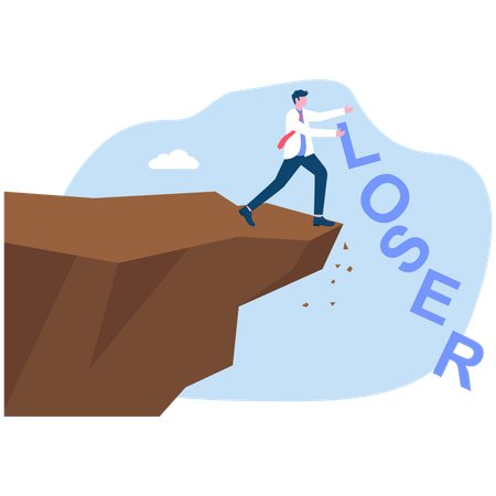 Young businessman dumps message loser down the cliff  Illustration