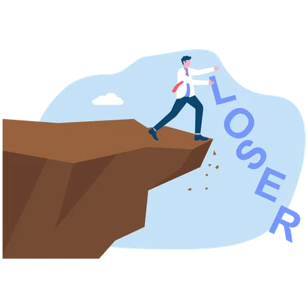 Young businessman dumps message loser down the cliff  Illustration