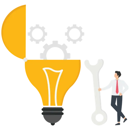 Make Efforts For New Opportunities Find The Key To Create A New Idea Or Innovation Creativity And Intelligence To Solve Business Problems Businessman With A Wrench Near A Light Bulb With Gears Vector Illustration