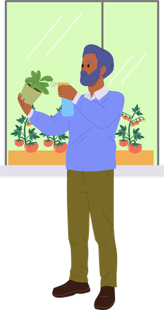 Young businessman  growing seedlings on home office window  Illustration