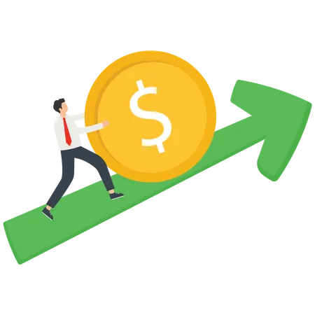 Increasing Sales Growth In Investments Or Growth In Income And Profit Growth In Wages Or Income Growth In The Exchange Rate A Strong Investor Businessman Lifts A Dollar Coin Up Vector イラスト