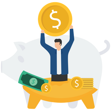 Young businessman happy with money in piggy bank  Illustration