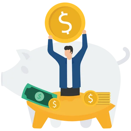 Young businessman happy with money in piggy bank  Illustration