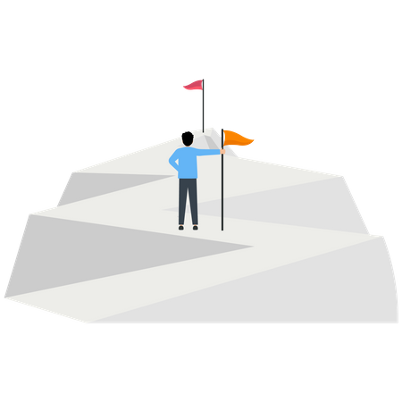 Young Businessman Holding A Flag Looking At The Flag Farther From The Top Of The Arrow  Illustration