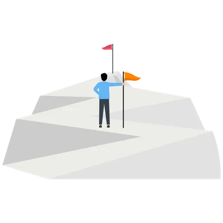 Young Businessman Holding A Flag Looking At The Flag Farther From The Top Of The Arrow  イラスト