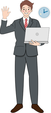Young businessman holding a laptop in a suit Waving to greet customers  Illustration