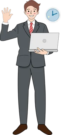 Young Businessman Holding A Laptop In A Suit Waving To Greet Customers Illustration