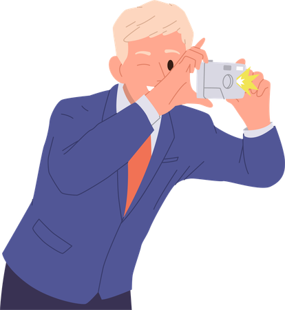 Young businessman holding digital camera shooting photographing sightseeing  Illustration