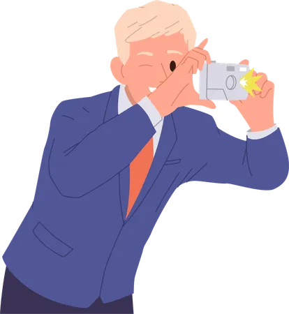 Young businessman holding digital camera shooting photographing sightseeing  Illustration