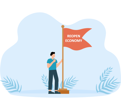 Young businessman  holding flag with text of reopening economy  Illustration