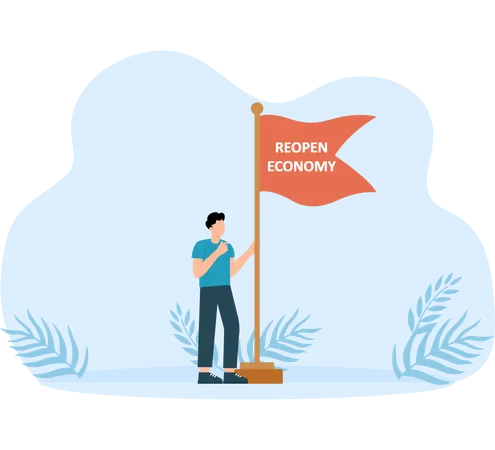 Young businessman  holding flag with text of reopening economy  Illustration