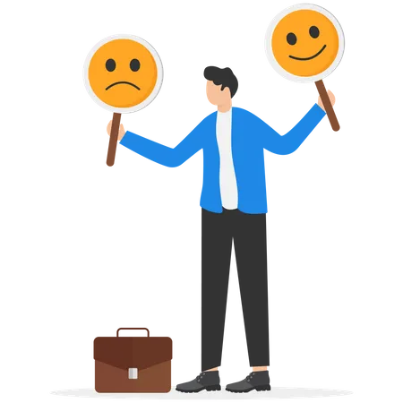 Young businessman holding smile and sad face sign  Illustration