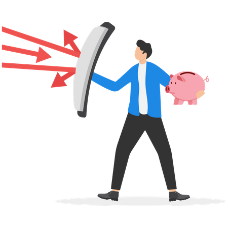 Young businessman holding strong protect piggy bank  Illustration