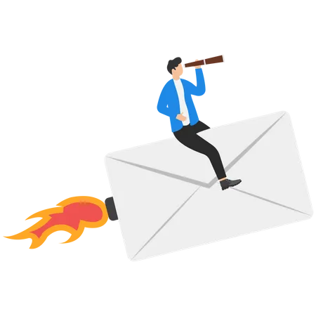 Young businessman holding telescope and looking for mail envelope  Illustration