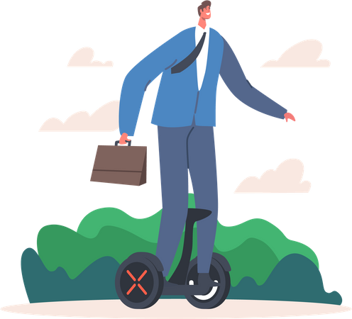 Young Businessman in Formal Wear Riding at Work on Hoverboard Illustration