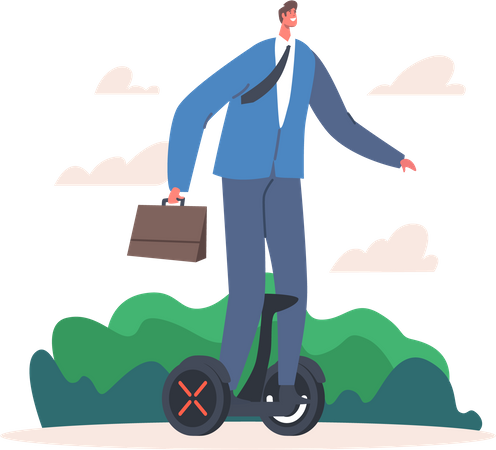 Young Businessman in Formal Wear Riding at Work on Hoverboard  Illustration