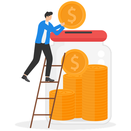 Young businessman inserting coins into the jar  イラスト