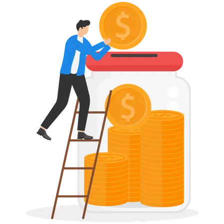 Young businessman inserting coins into the jar  イラスト
