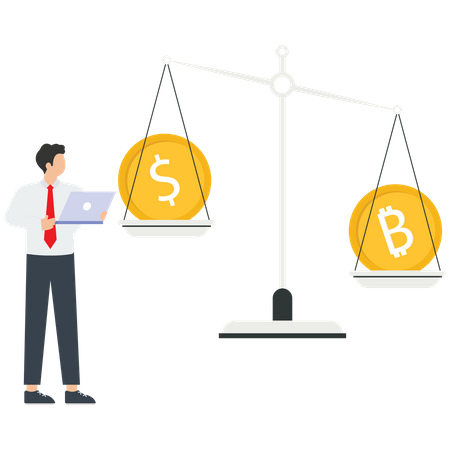 Young Businessman Investor Or Trader Balance Portfolio With Dollar Coin And Bitcoin  Illustration