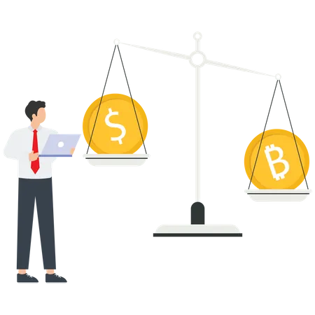 Young Businessman Investor Or Trader Balance Portfolio With Dollar Coin And Bitcoin  Illustration