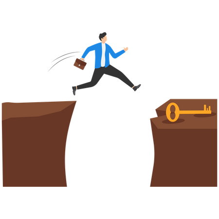 Young Businessman Jumping For Discover Key Success  Illustration