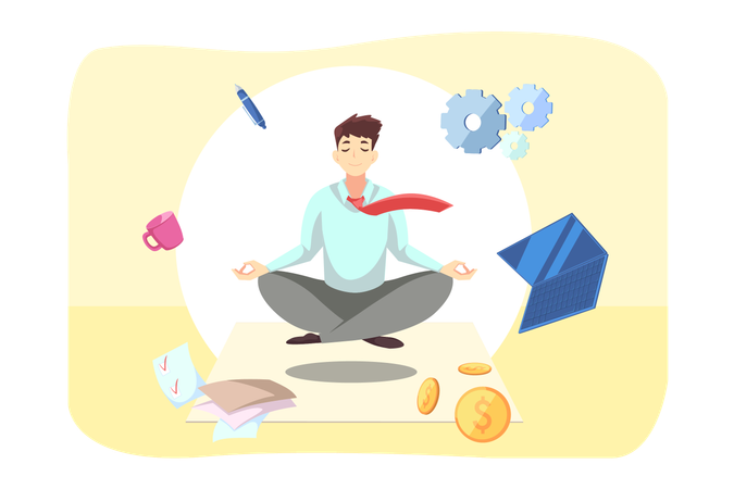 Young businessman meditating relaxing in lotus pose in office  Illustration