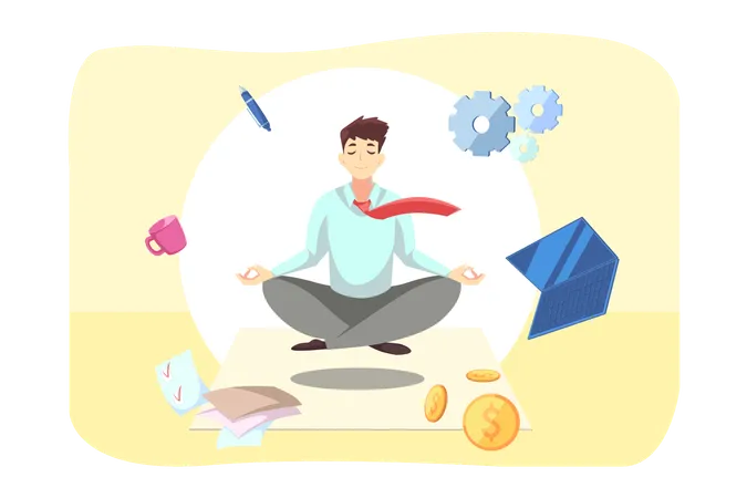 Business Relaxation Meditation Rest Concept Young Businessman Clerk Manager Employee Meditating Relaxing In Lotus Pose In Office Practicing Mindfulness Stress Relief Yoga Exercises At Workplace Illustration