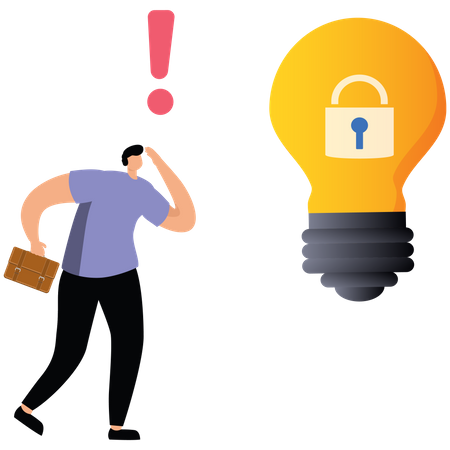 Young businessman pondered next to a light bulb with a lock locked  Illustration