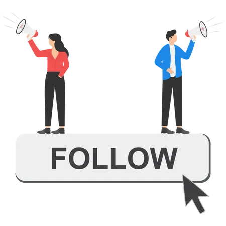 Follow Businessman Holding A Follow Button And With A Mouse Pointer To Click Illustration