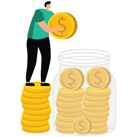 Young Businessman Putting Coin In Jar  Illustration