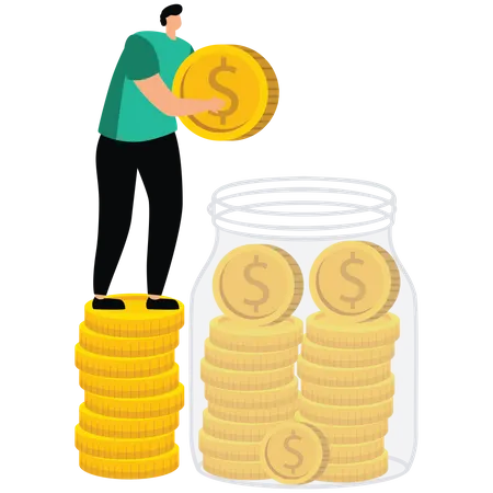 Young Businessman Putting Coin In Jar  Illustration