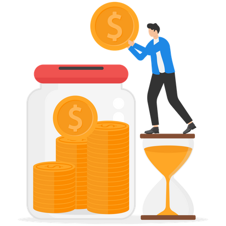 Young Businessman Putting Coin In Jar  Illustration