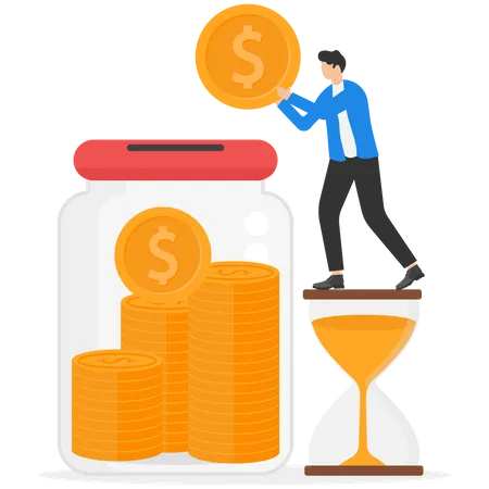 Young Businessman Putting Coin In Jar  Illustration