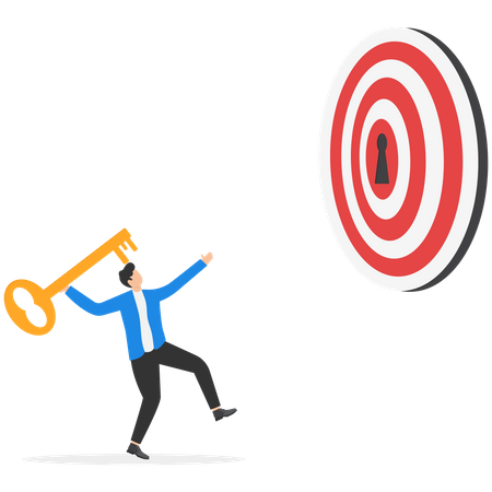 Young businessman putting golden key into bullseye target key hold to unlock business success  Illustration