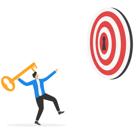 Young businessman putting golden key into bullseye target key hold to unlock business success  Illustration