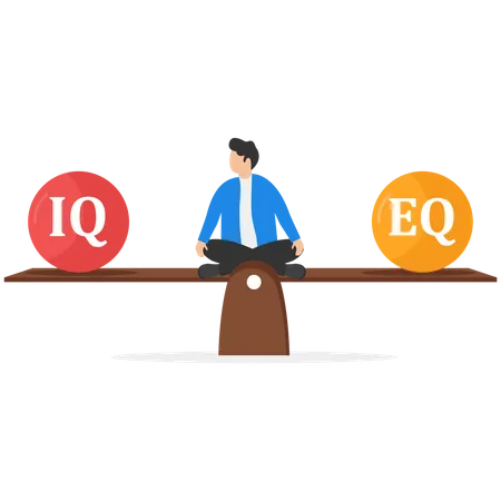 Businessman Relaxing And Meditate On The Seesaw Balancing Between IQ And EQ Or Intelligence Quotient And Emotional Quotient Concept Illustration