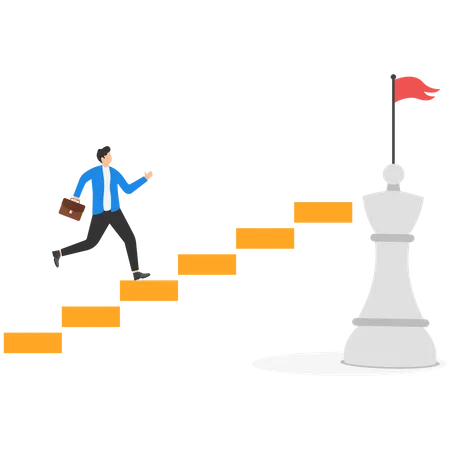 Business Strategy For Success Businessman Climbing Up Stairs To The Top Of Chess Illustration