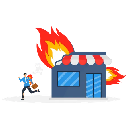 A Man Runs From A Burning Shop Evacuation Due To Fire Loss Of Shop Due To The Disaster Illustration
