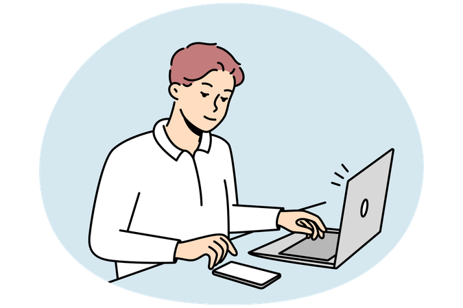 デスクに座ってノートパソコンで仕事をする若いビジネスマン  イラスト