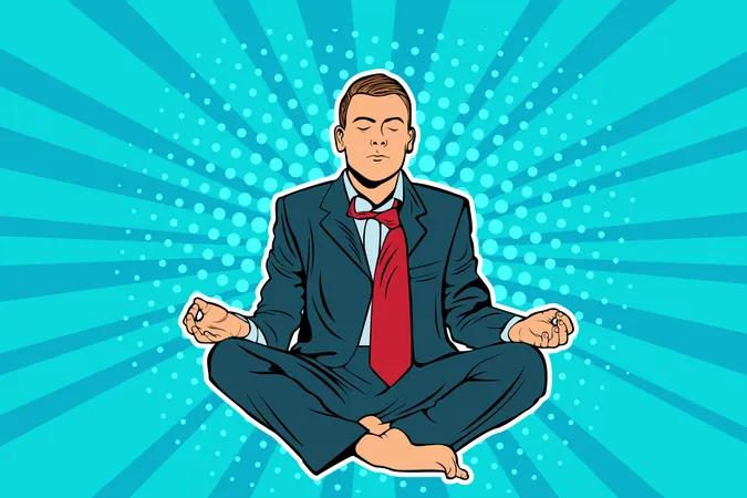 Young businessman sitting in lotus position pop art comic book vector illustration. Calm man in business suit meditating. Entrepreneur engage in spiritual practices for mental balance, stress relief  Illustration