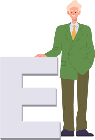 Young businessman standing nearby letter E  Illustration